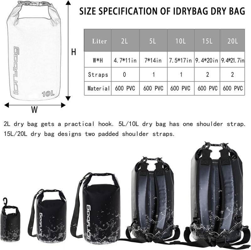 IDRYBAG Dry Bag for Kayaking Waterproof 2L/5L/10L/15L/20L, Small Dry Sack Waterproof Bag for Boating - Image 3
